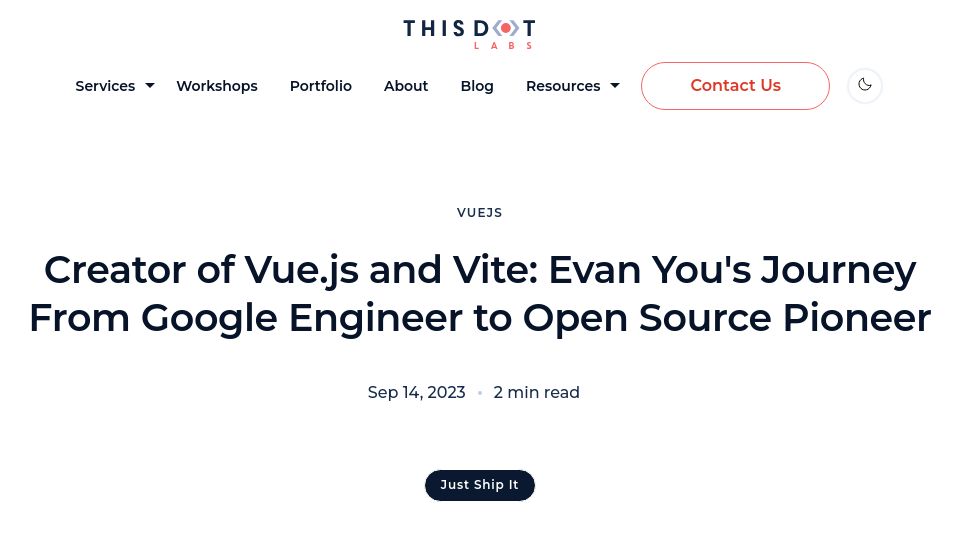 Screenshot of thisdot.co: Creator of Vue.js Evan You's Journey from Google Engineer to Open Source Pioneer