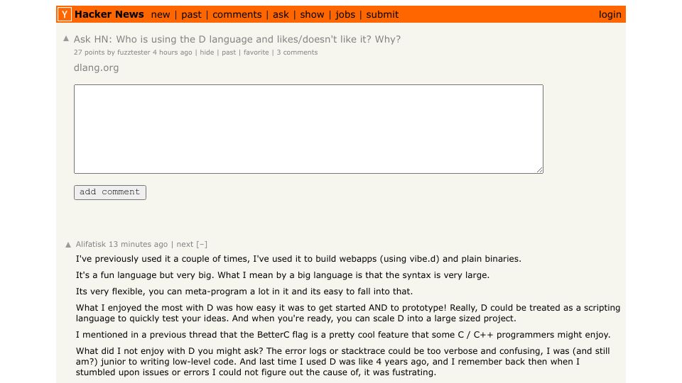 Screenshot of Hacker News post: Ask HN: Who is using the D language and likes/doesn't like it? Why?