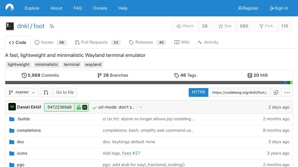 Screenshot of codeberg.org: Foot – A fast, lightweight and minimalistic Wayland terminal emulator