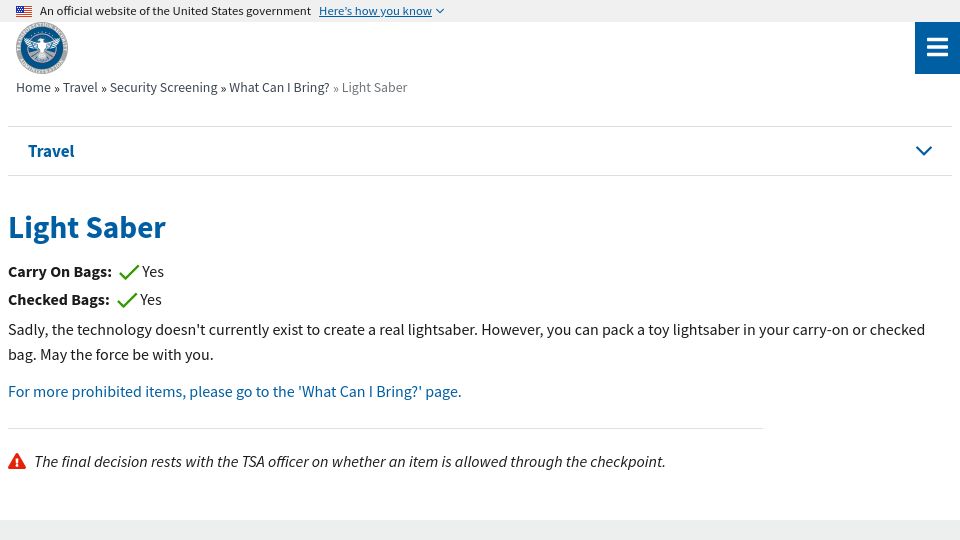 Screenshot of tsa.gov: TSA Policy on Light Sabers