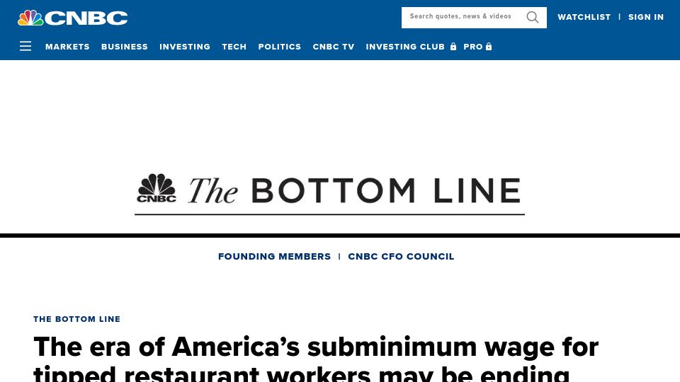 Screenshot of cnbc.com: The era of America’s subminimum wage for tipped restaurant workers may be ending