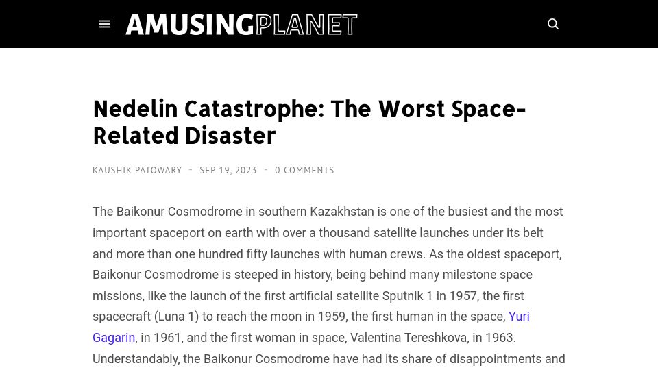 Screenshot of amusingplanet.com: Nedelin Catastrophe: The Worst Space-Related Disaster