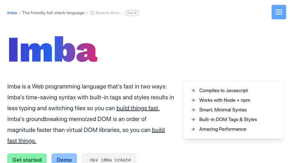 Screenshot of imba.io: Imba – A friendly full-stack language