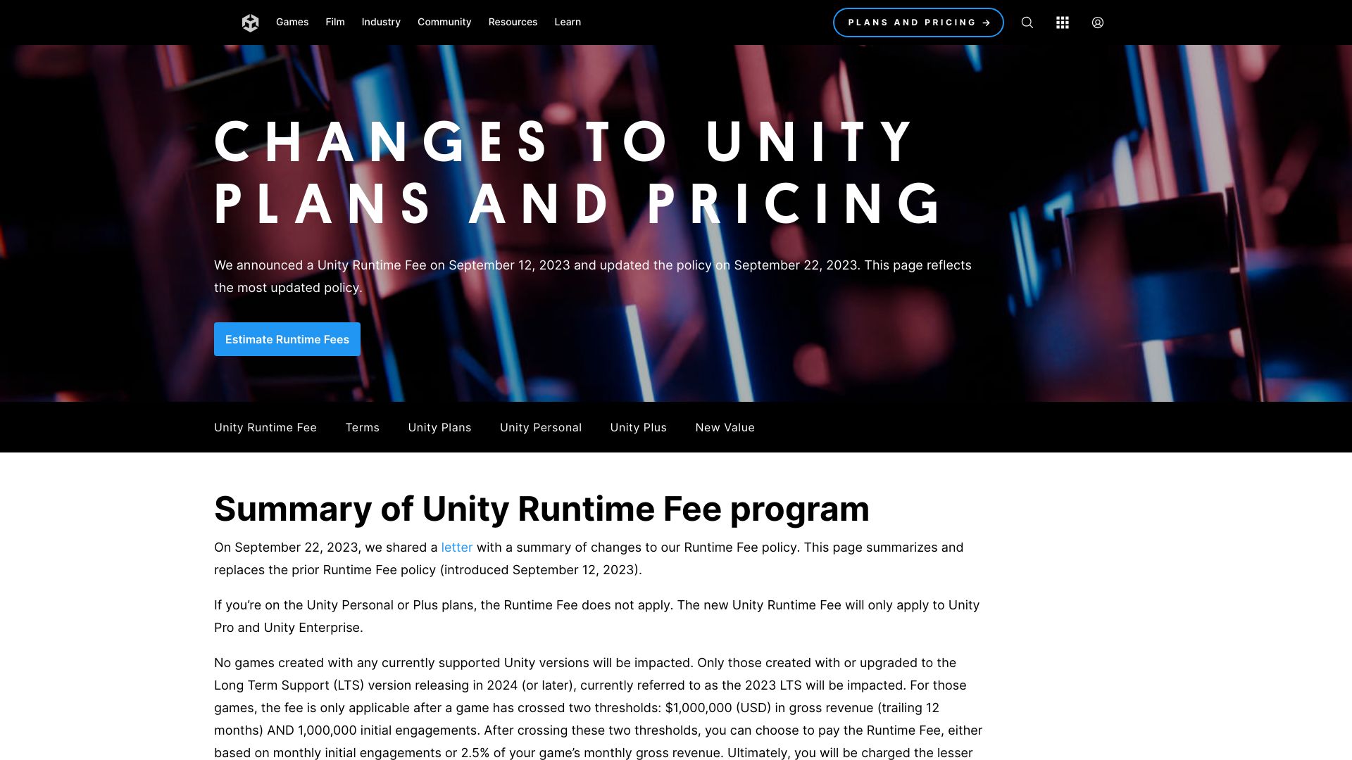 Screenshot of unity.com: Changes to Unity Plans and Pricing