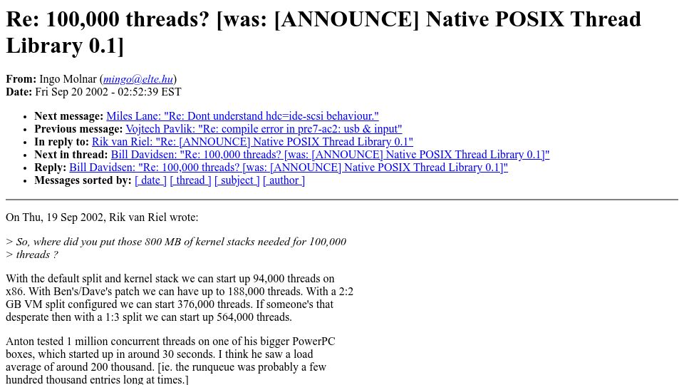 Screenshot of lkml.iu.edu: Re: 100k Threads? (2002)