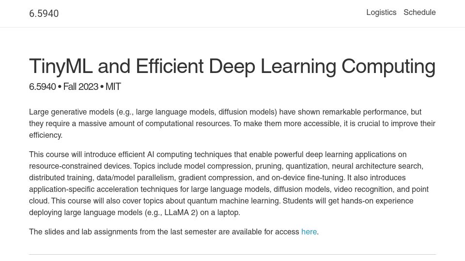 Screenshot of efficientml.ai: TinyML and Efficient Deep Learning Computing