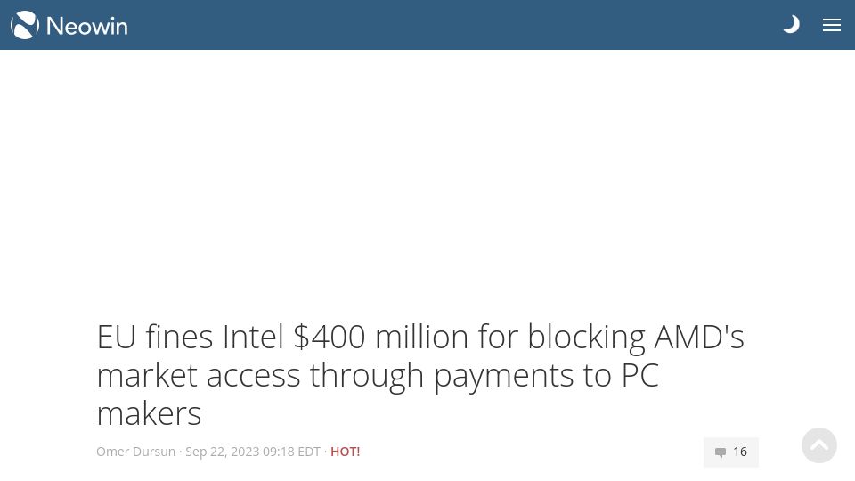 Screenshot of neowin.net: EU fines Intel $400M for blocking AMD's market access