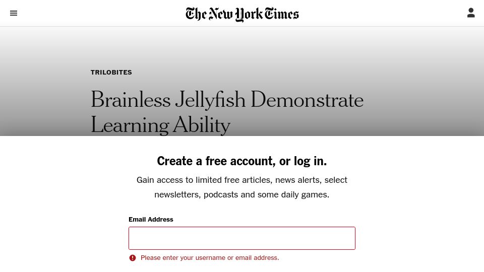 Screenshot of nytimes.com: Box jellyfish demonstrate learning ability