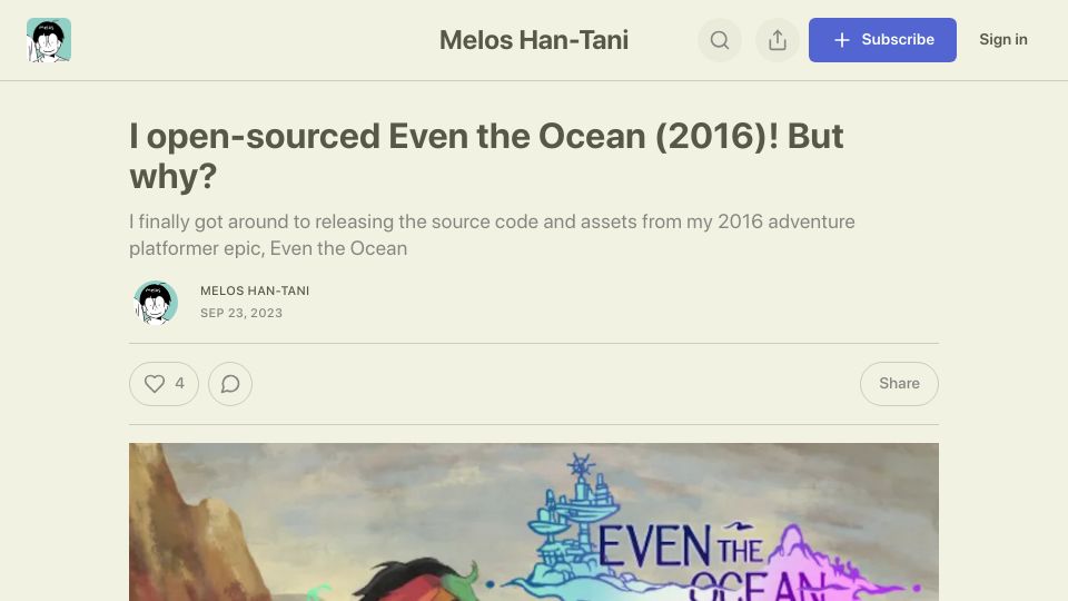 Screenshot of melodicambient.substack.com: I open-sourced Even the Ocean