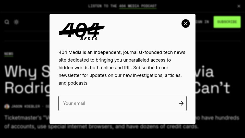 Screenshot of 404media.co: Why scalpers can get tickets