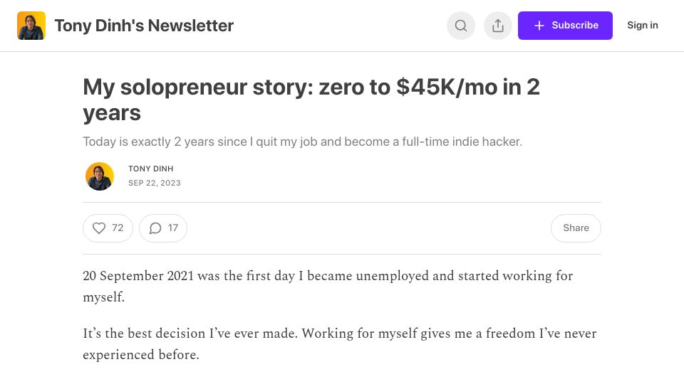Screenshot of news.tonydinh.com: My solopreneur story