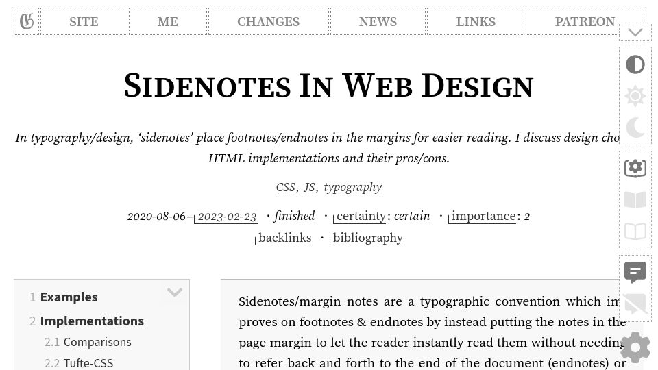 Screenshot of gwern.net: Sidenotes in Web Design