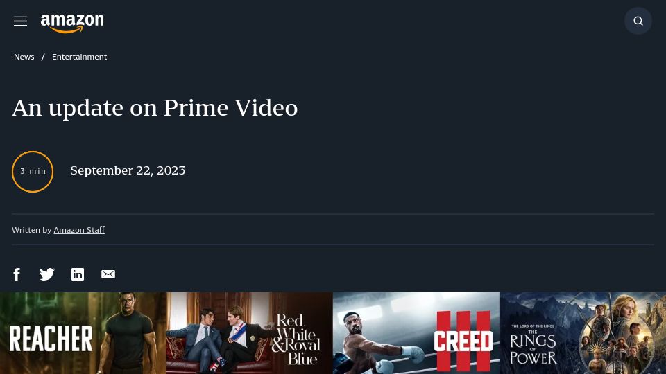 Screenshot of aboutamazon.com: An Update on Prime Video