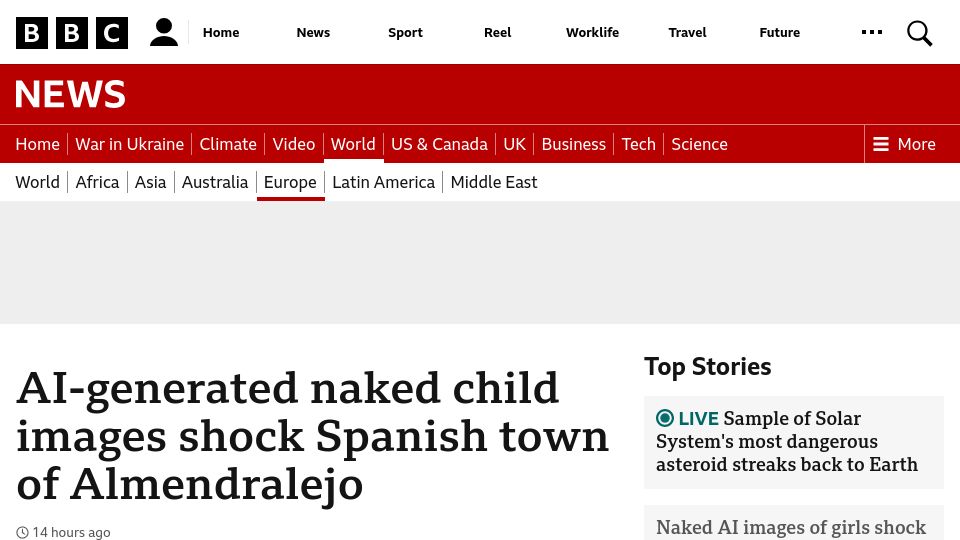 Screenshot of bbc.co.uk: AI-generated naked child images shock Spanish town of Almendralejo