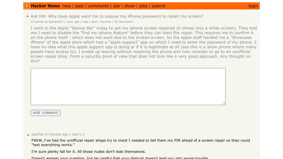 Screenshot of Hacker News post: Ask HN: Why does Apple want me to expose my iPhone password to repair my screen?
