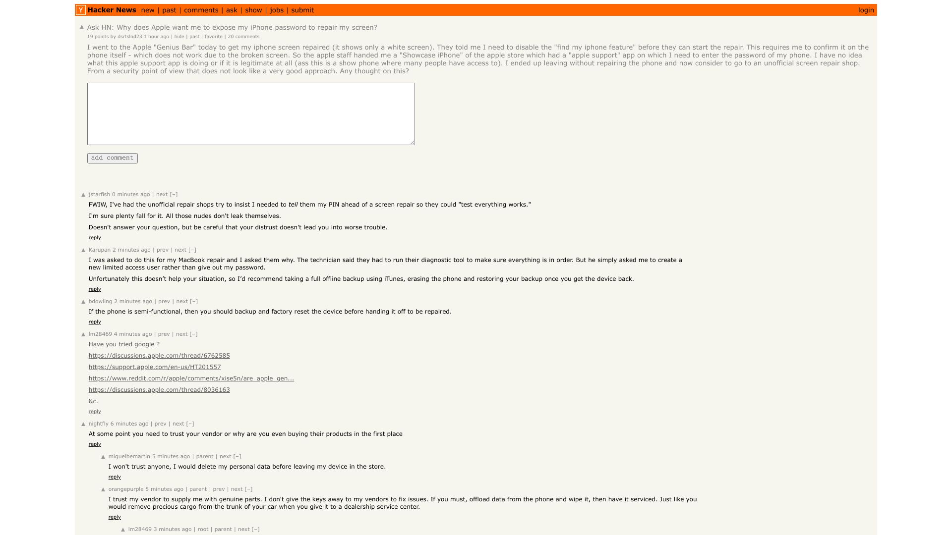 Screenshot of this Hacker News post: Ask HN: Why does Apple want me to expose my iPhone password to repair my screen?