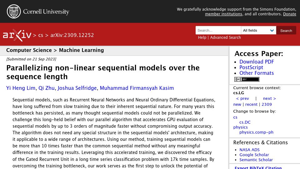 Screenshot of arxiv.org: Parallelizing non-linear sequential models over the sequence length