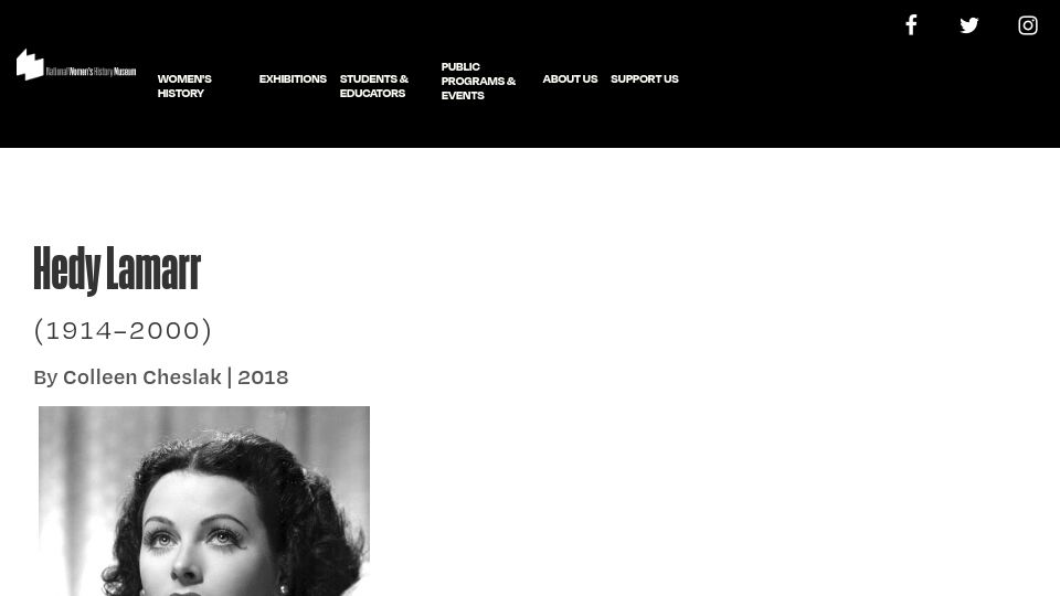 Screenshot of womenshistory.org: Hedy Lamarr (2018)