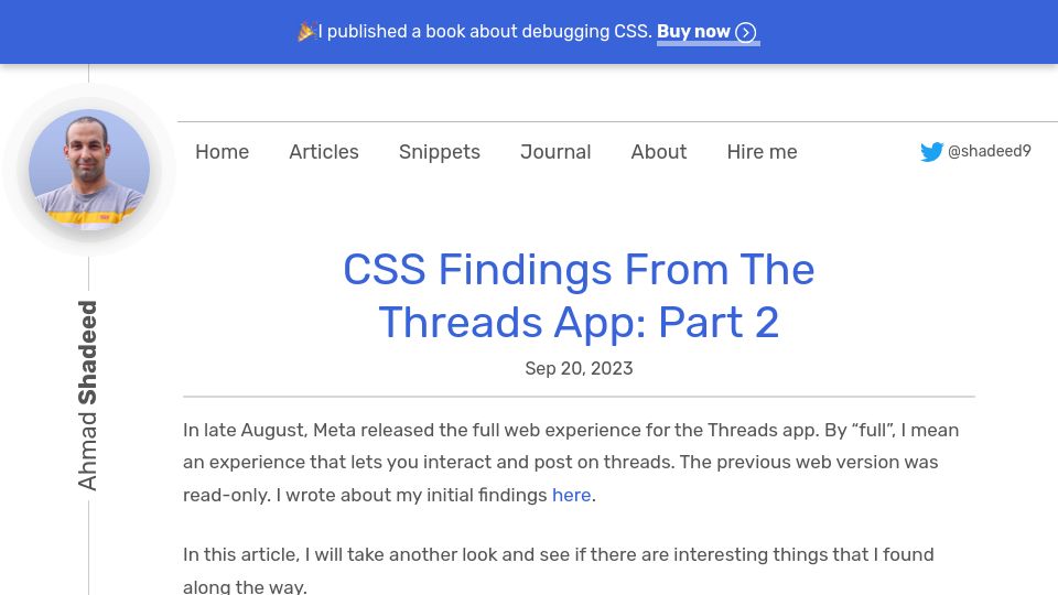 Screenshot of ishadeed.com: CSS Findings from the Threads App: Part 2