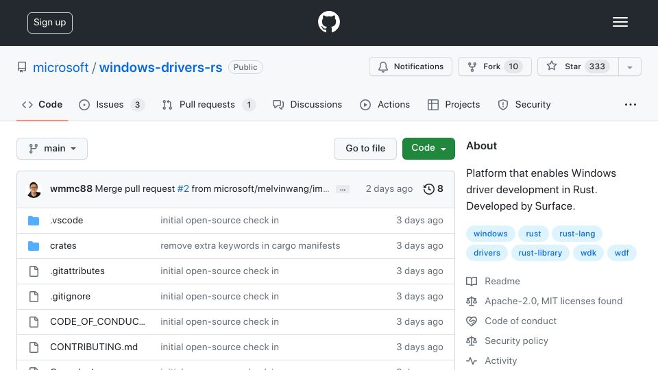 Screenshot of github.com: Platform that enables Windows driver development in Rust