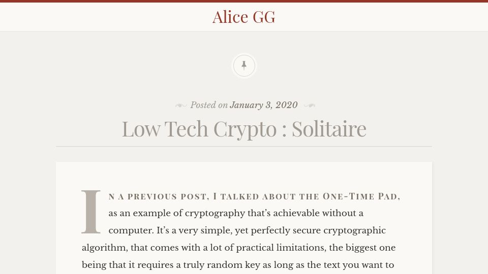 Screenshot of alicegg.tech: Low Tech Crypto: Solitaire (2020)
