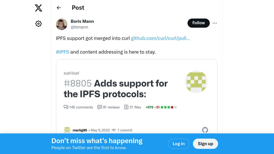 Screenshot of twitter.com: IPFS support got merged into curl