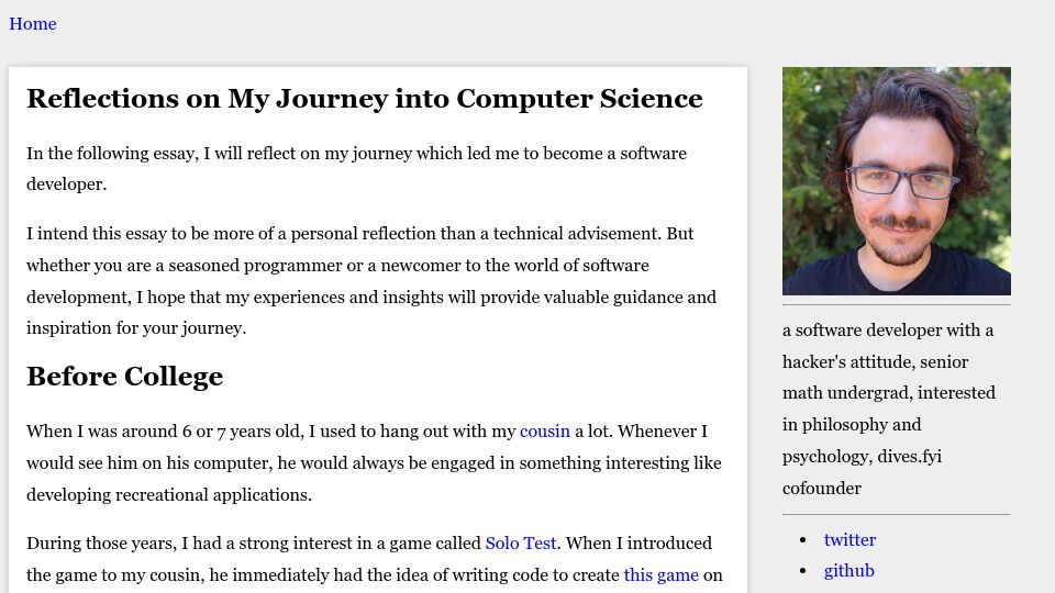 Screenshot of rugu.dev: Reflections on my journey into computer science