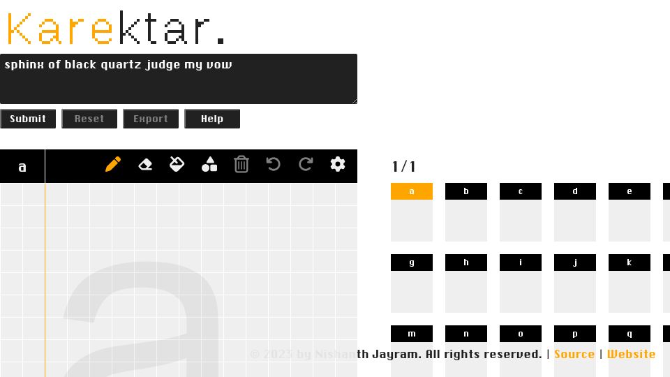 Screenshot of karektar.newtrino.ink: Show HN: Karektar – Bitmap Font Designer