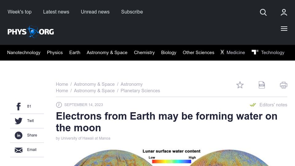 Screenshot of phys.org: Electrons from Earth may be forming water on the moon