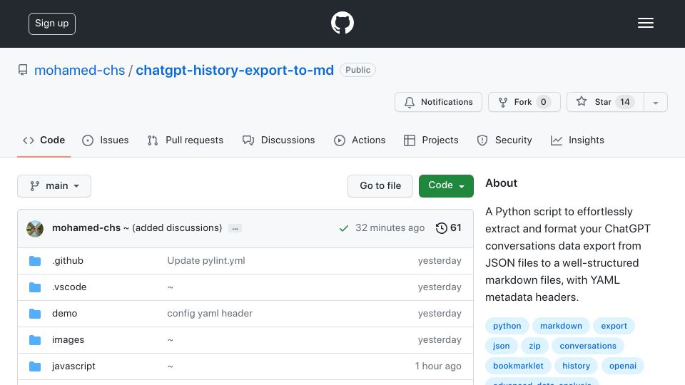 Screenshot of github.com: Show HN: Get your entire ChatGPT history in Markdown files