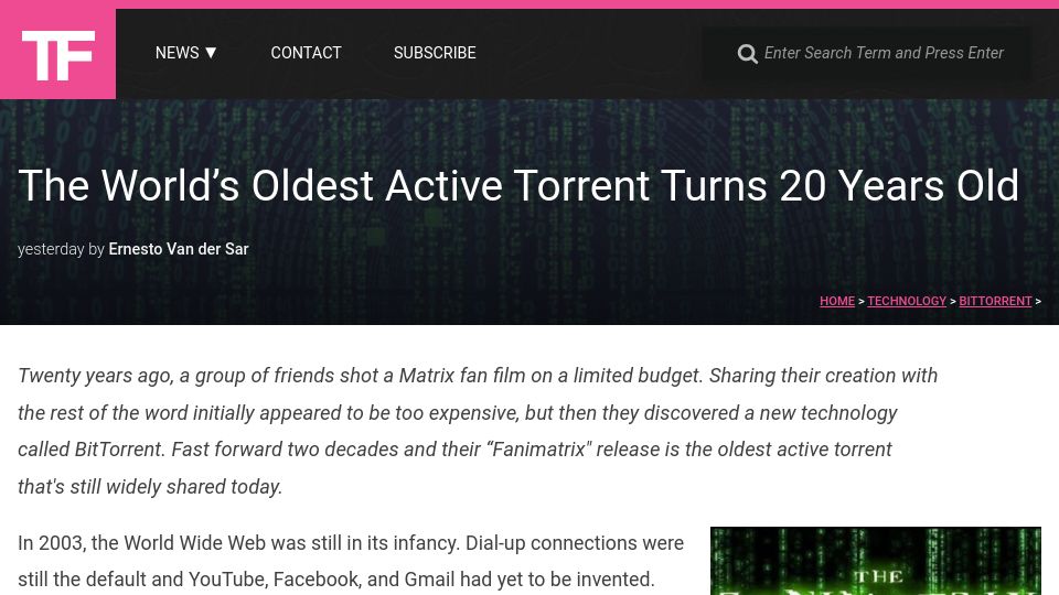 Screenshot of torrentfreak.com: The World’s Oldest Active Torrent Turns 20 Years Old