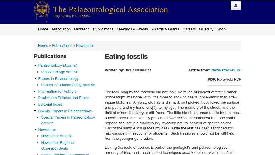 Screenshot of palass.org: Eating Fossils