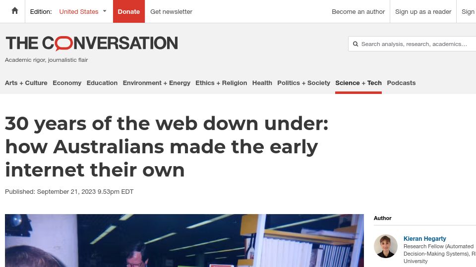 Screenshot of theconversation.com: How Australians made the early internet their own