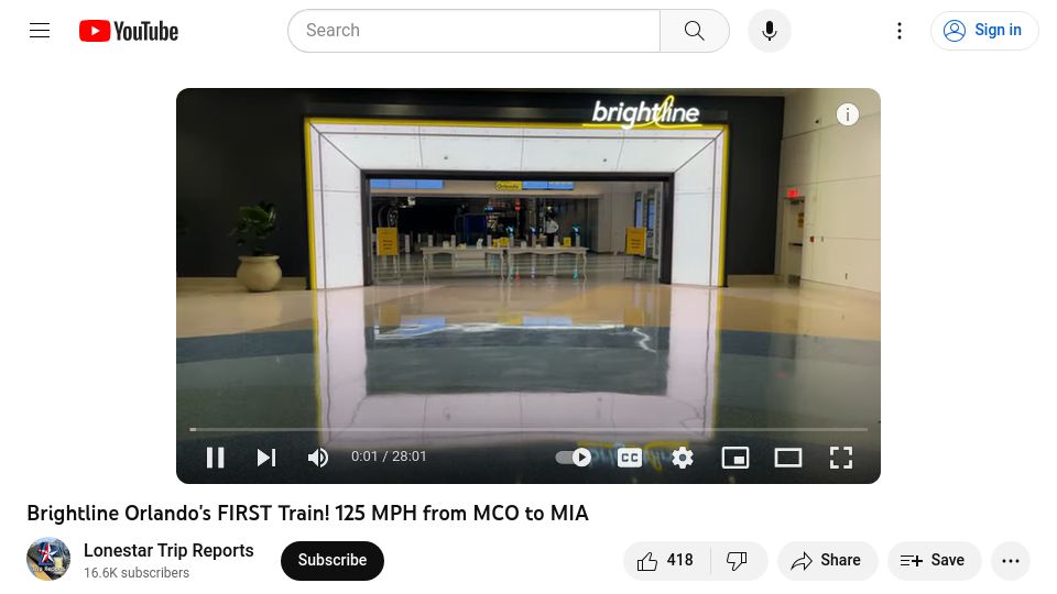 Screenshot of youtube.com: Brightline Orlando's first train: 125 mph from MCO to MIA [video]