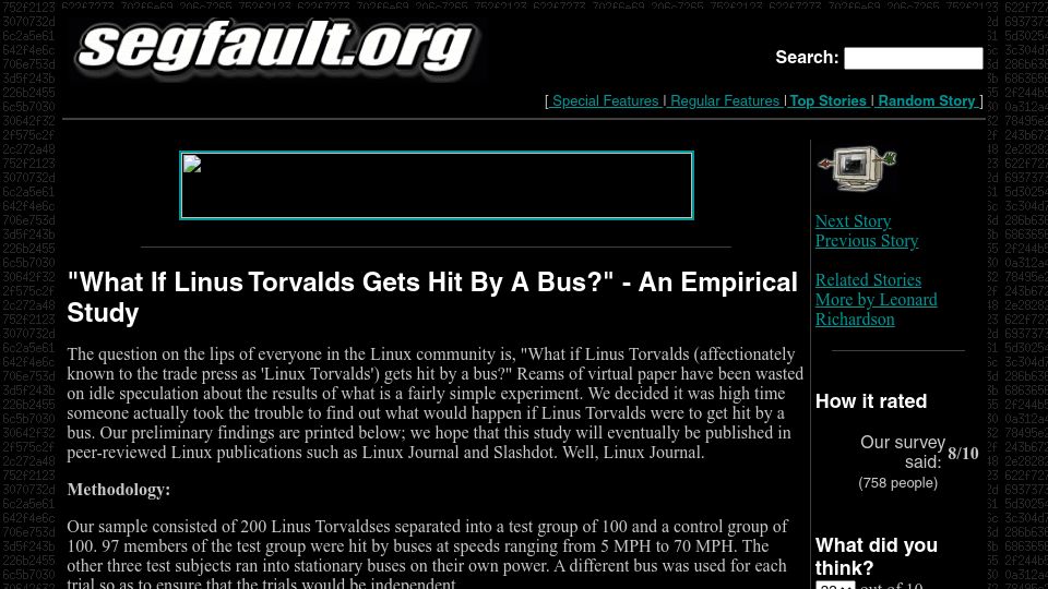 Screenshot of web.archive.org: “What If Linus Torvalds Gets Hit by a Bus?” – An Empirical Study (2000)