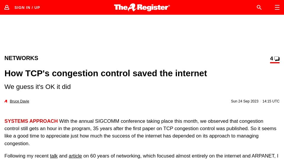 Screenshot of theregister.com: TCP's congestion control saved the internet