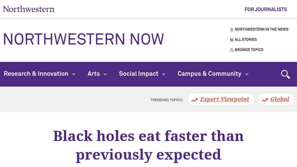 Screenshot of news.northwestern.edu: New finding might explain why quasars flare and fade so quickly