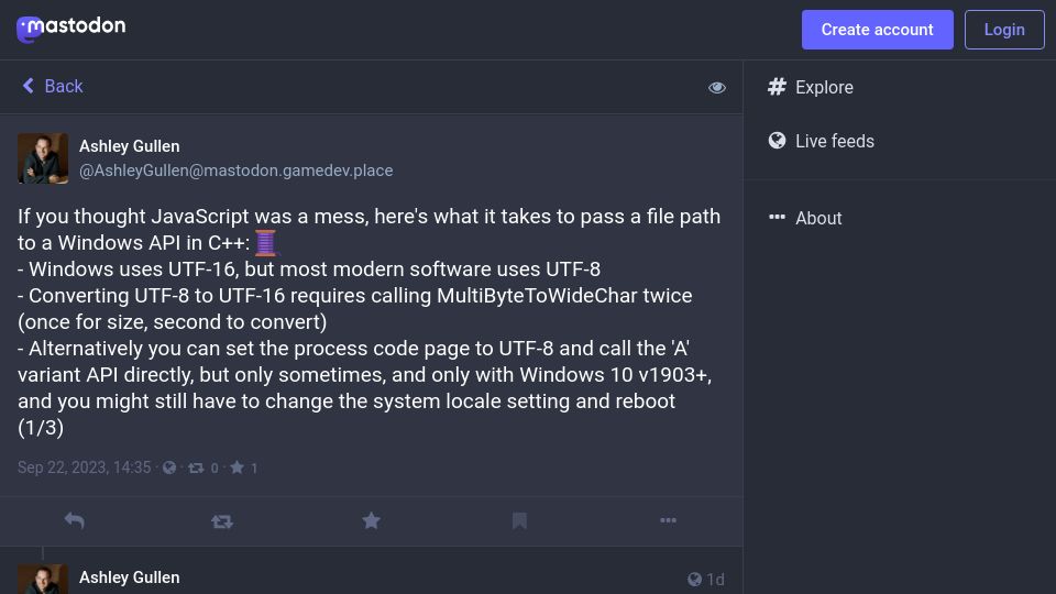 Screenshot of mastodon.gamedev.place: What it takes to pass a file path to a Windows API in C++