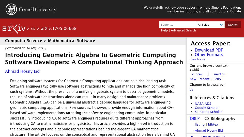 Screenshot of arxiv.org: Introducing geometric algebra to software developers