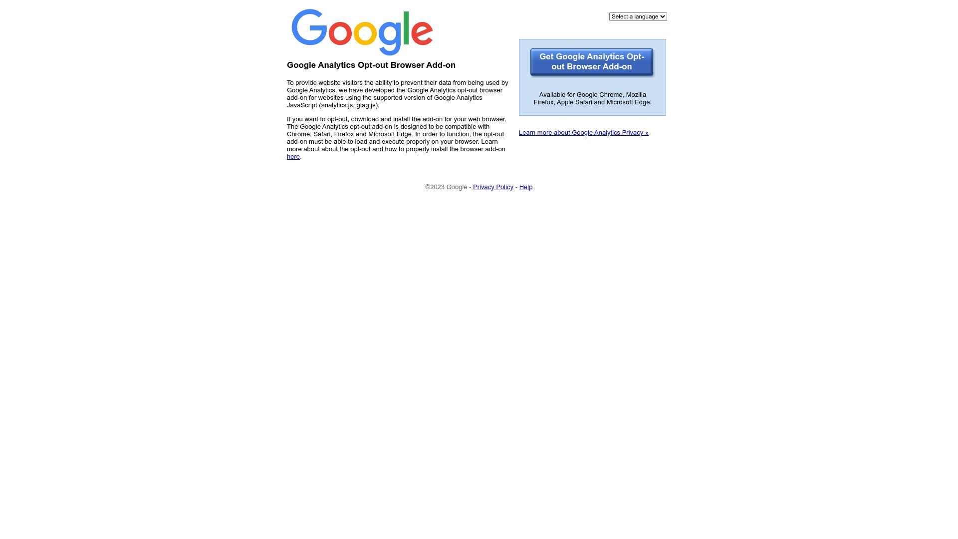 Screenshot of tools.google.com: Google Analytics Opt-Out Browser Add-On