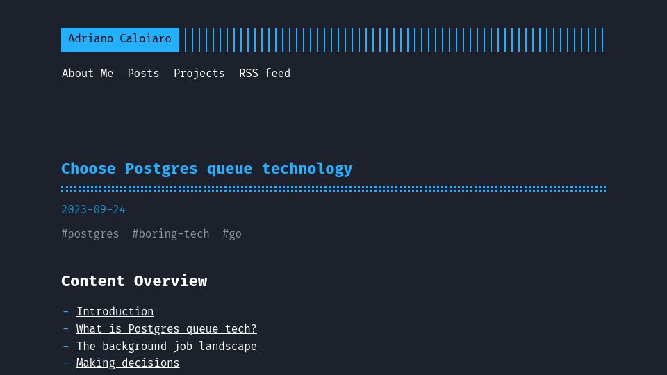 Screenshot of adriano.fyi: Choose Postgres queue technology