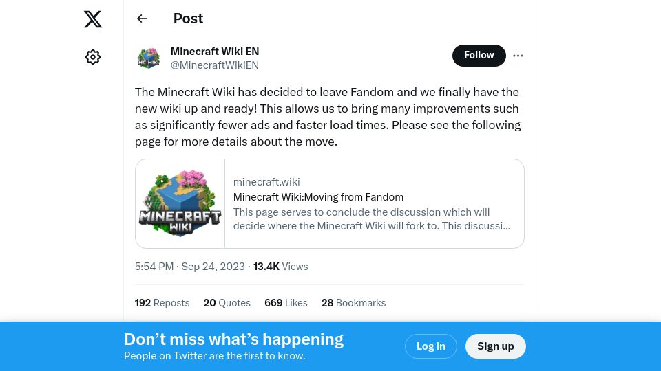 Screenshot of twitter.com: Minecraft Wiki has decided to leave Fandom
