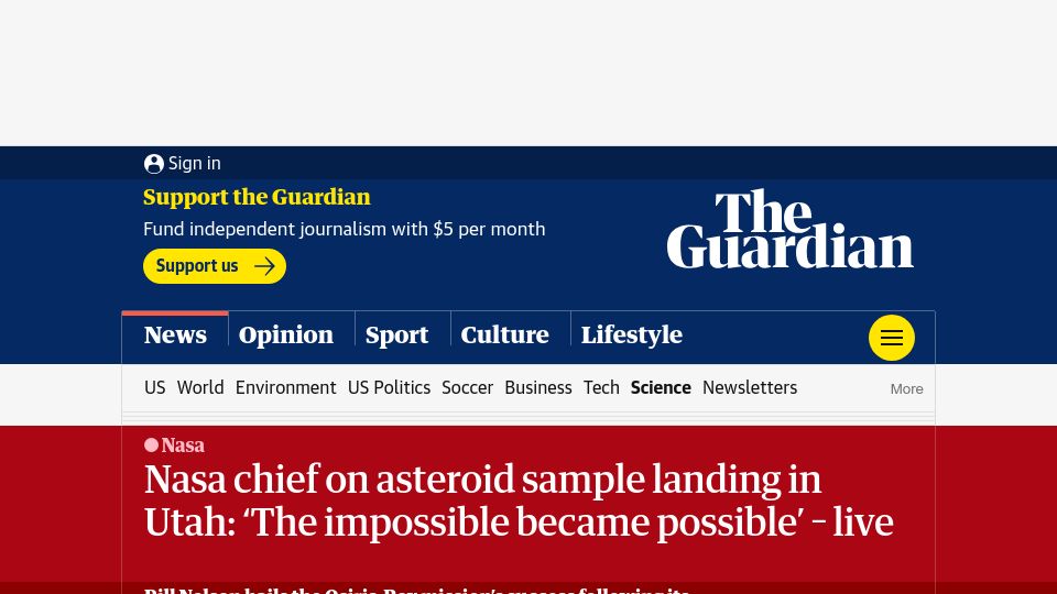 Screenshot of theguardian.com: NASA’s Osiris-Rex capsule lands in Utah with Bennu asteroid sample