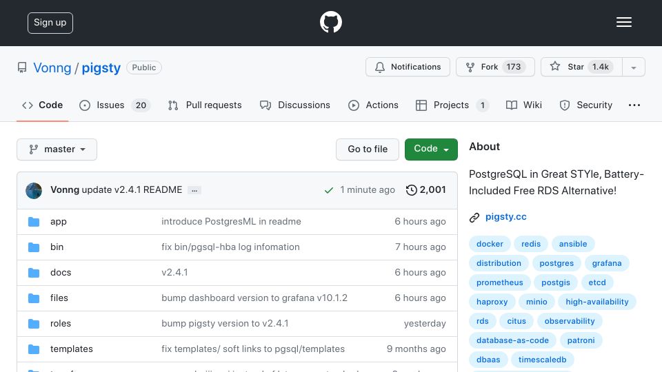 Screenshot of github.com: Show HN: Pigsty – PostgreSQL in Great STYle, Free RDS Alternative