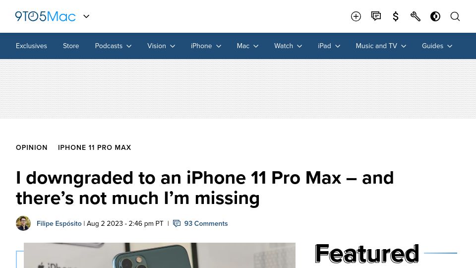 Screenshot of 9to5mac.com: I downgraded to an iPhone 11 Pro Max – and there’s not much I’m missing