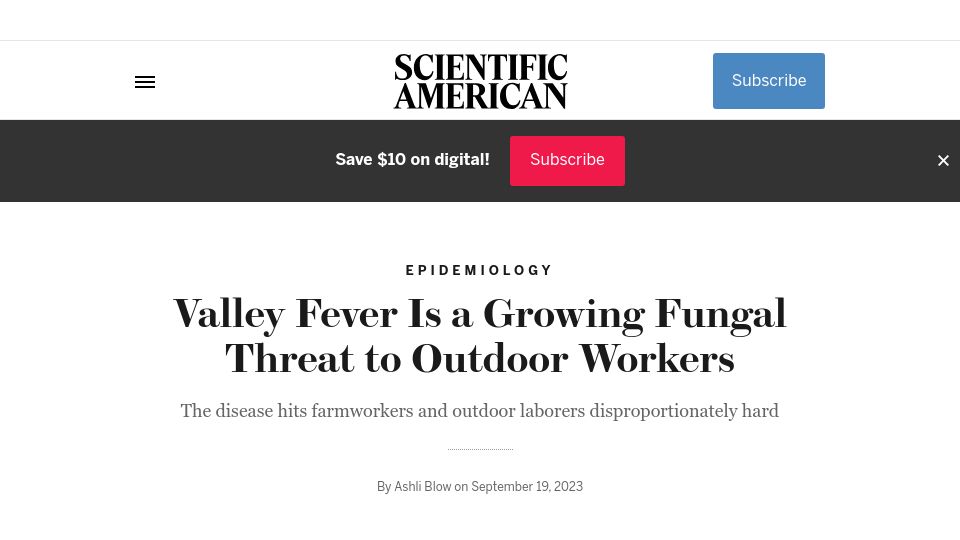 Screenshot of scientificamerican.com: Valley Fever Is a Growing Fungal Threat to Outdoor Workers