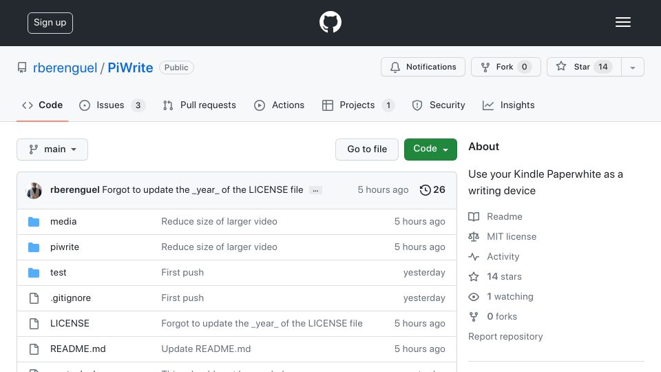 Screenshot of github.com: PiWrite – Kindle Paperwhite to Write