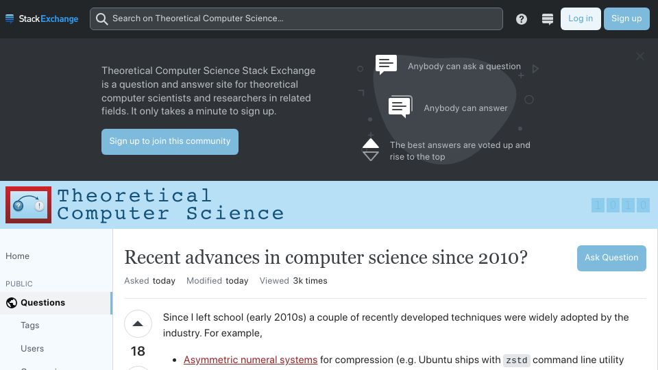 Screenshot of cstheory.stackexchange.com: Recent advances in computer science since 2010?