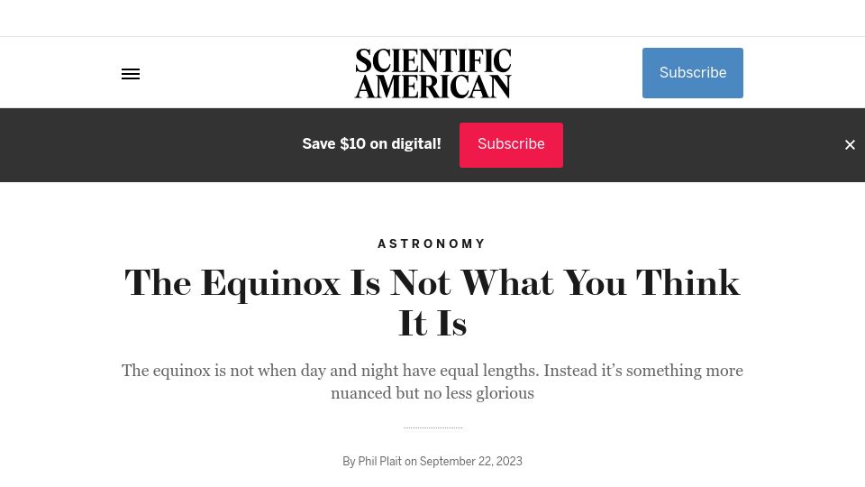 Screenshot of scientificamerican.com: The equinox is not when day and night have equal lengths