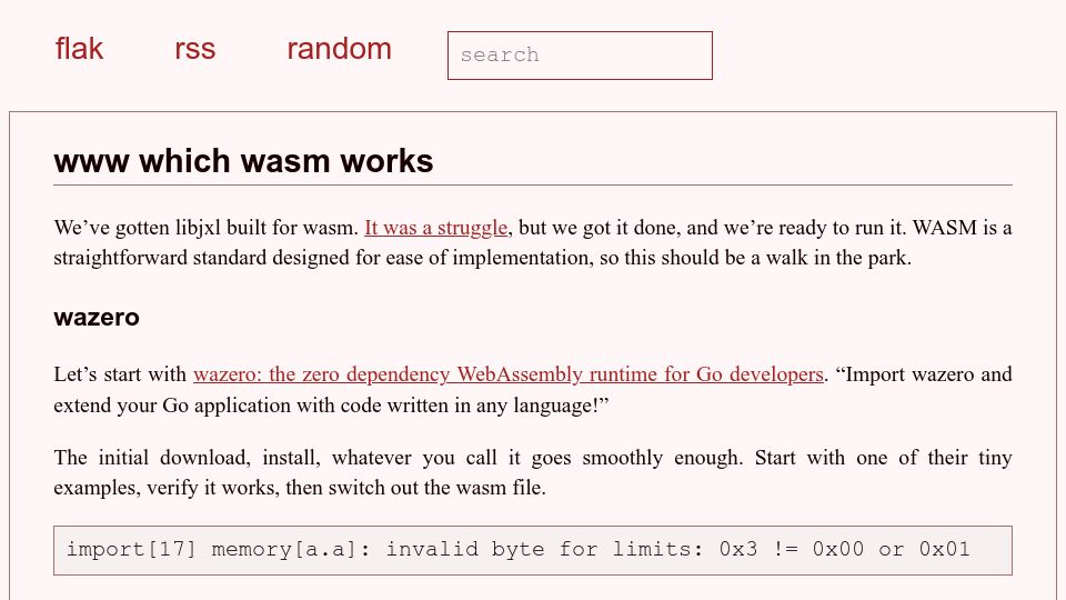 Screenshot of flak.tedunangst.com: Www which WASM works